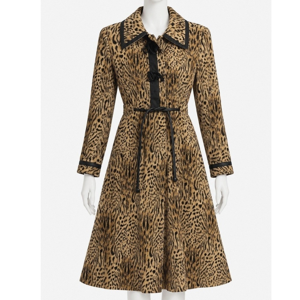 Vintage Count Romi Leopard Faux Fur Coat Animal Print A-Line Belted Trench Lined